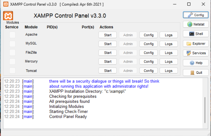 Panneau de contrôle XAMPP