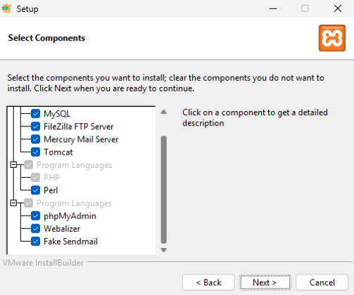 Sélection des composants XAMPP